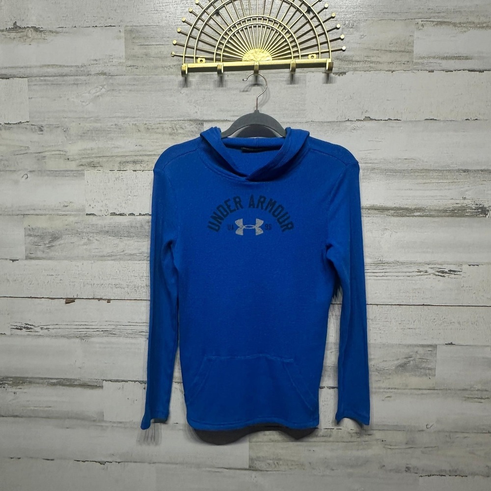Under Armour Hoodie Boys Large Blue Waffle Knit Graphic Pullover